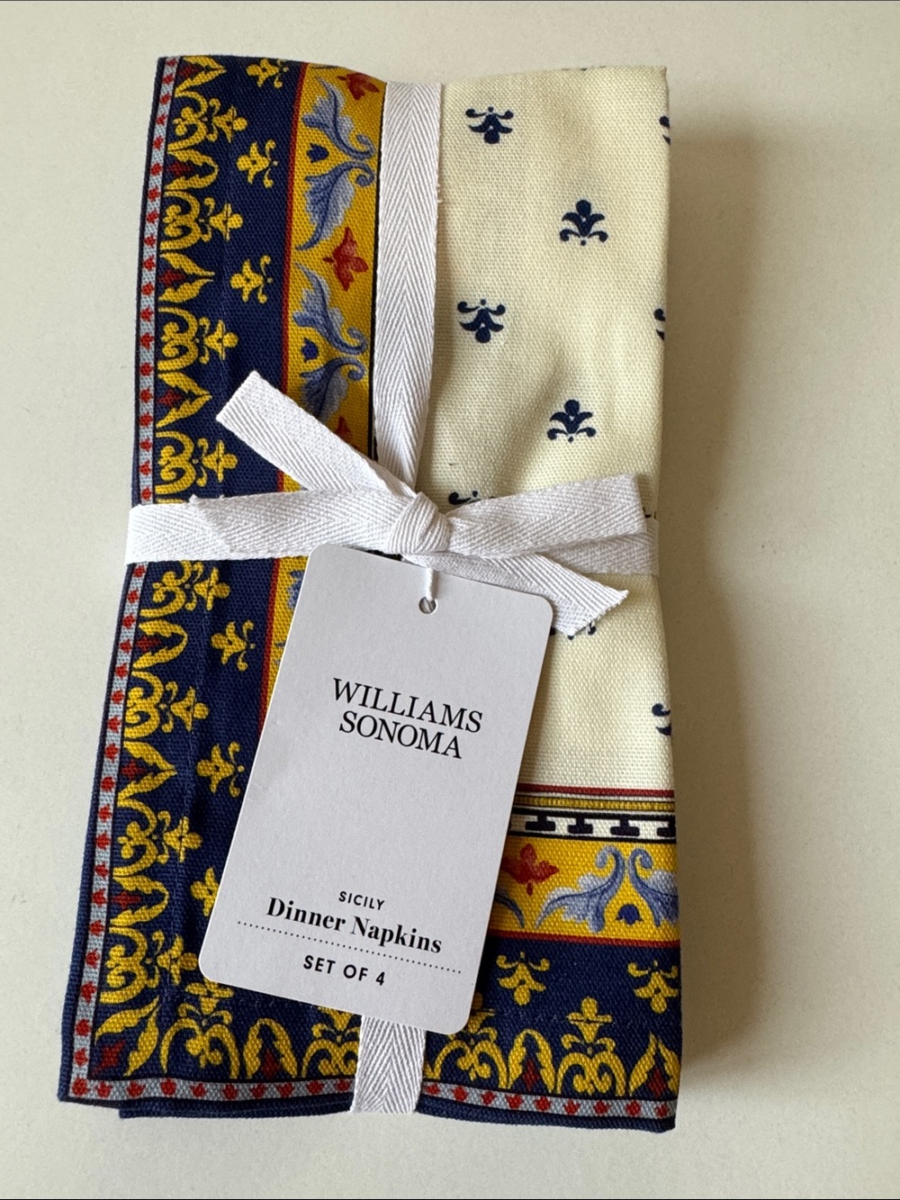 NEW Williams Sonoma Cream and Navy Fleur Kitchen Cotton Set w/Multicolor Border - Picture 14 of 16